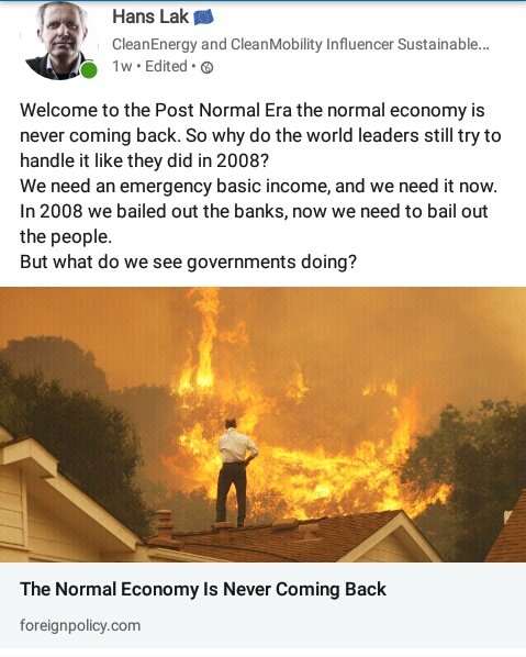 Welcome to the #PostNormapEra the normal economy is never coming back! Forget business as usual.
<a href="/PostNormalEra/">@PostNormalEra 🇪🇺 Normal is Over #UBI</a> #UBI We must bail out the people this time not the banks and multinationals.