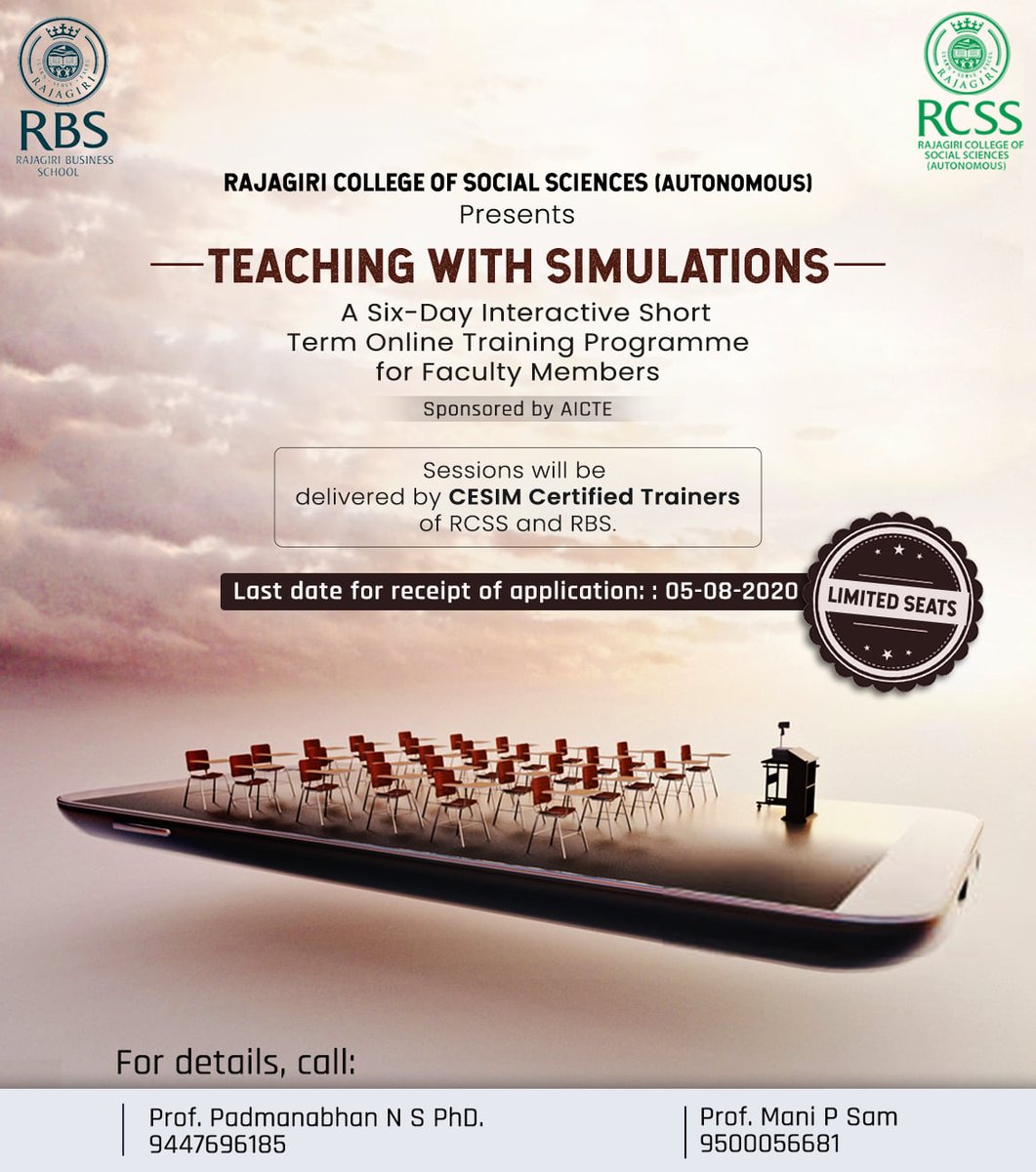 RCBS_Rajagiri's tweet photo. Rajagiri is organizing a six-day AICTE Sponsored Short Term Online Training Programme on "Teaching with Simulations" for the faculty members.
For Registration: https://t.co/9uCsuHqleh
#TrainingProgram #FacultyTrainingProgram https://t.co/wlv84wAk1L