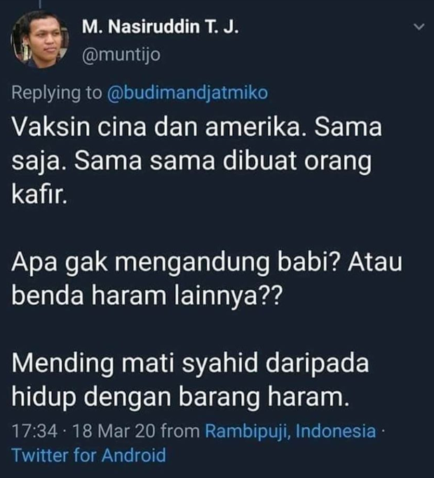 Topanio's tweet photo. @muntijo @TretanMuslim @NUgarislucu Twitter dan Facebook juga buatan Kafir. Makanya, aku gak punya akun Twitter, biar gak dibilang kafir juga. https://t.co/DGvTFPZyJk