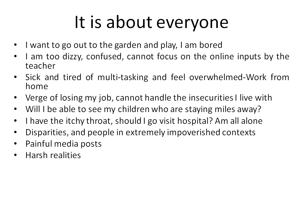 Taking care of  #MentalHealth in the time of  #COVID19 is about everyone in the society :  @TISSpeak , Prof. Aasha Banu Soletti She says, from kids to adults everyone is affected by the impact of  #Covid_19  #MentalHealthMatters
