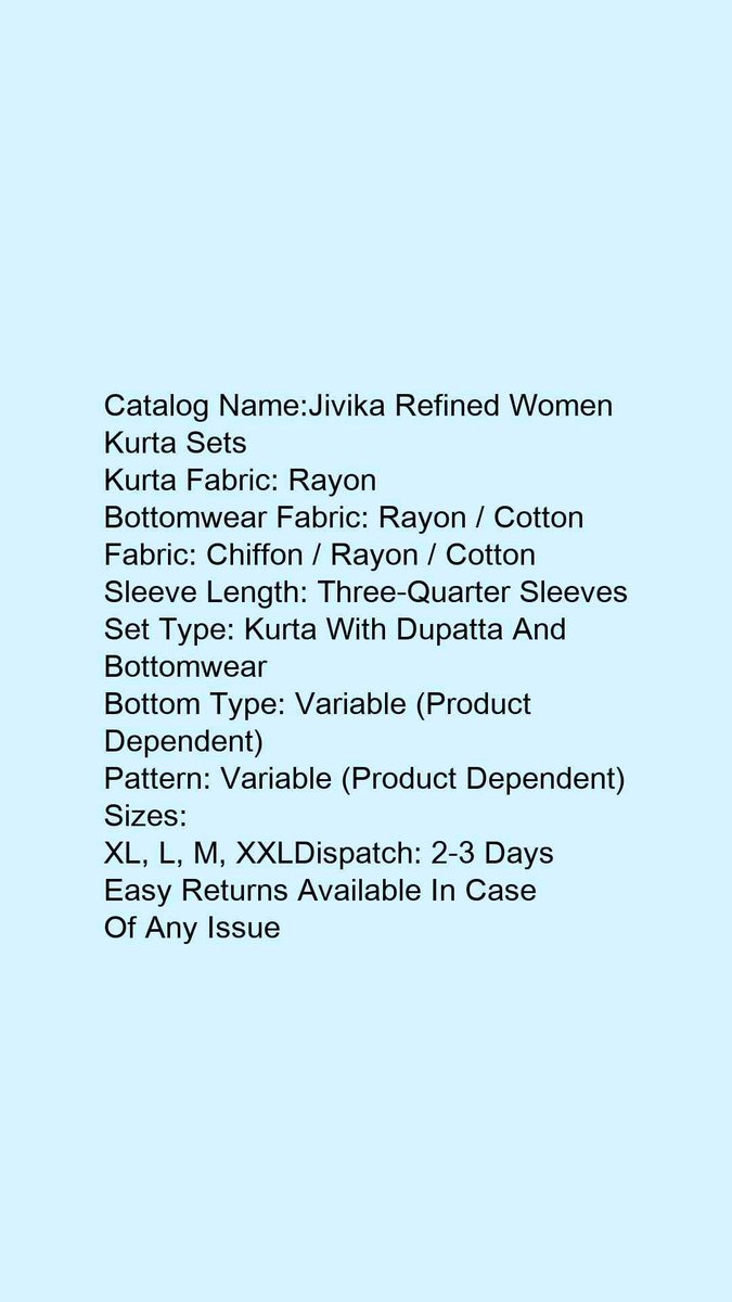 LeeSales8's tweet photo. Whatsapp -> +916380713695
Catalog Name:*Jivika Refined Women Kurta Sets*
Kurta Fabric: Rayon
Bottomwear Fabric: Rayon / Cotton
Fabric: Chiffon / Rayon / Cotton
Sleeve Length: Three-Quarter Sleeves
Set Type: Kurta With Dupatta And Bottomwear
Bottom Type: Variable (Product Dependen https://t.co/BO7gtdWvbK