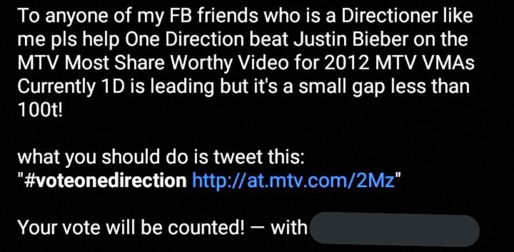 ricochetommo's tweet photo. sep. 2, 2012: i posted this on fb to encourage my friends to beat justin jfjdjdjd lmao it was #voteonedirection #10YearsOfOneDirection #10YearsOf1D https://t.co/1JesPO6FNA