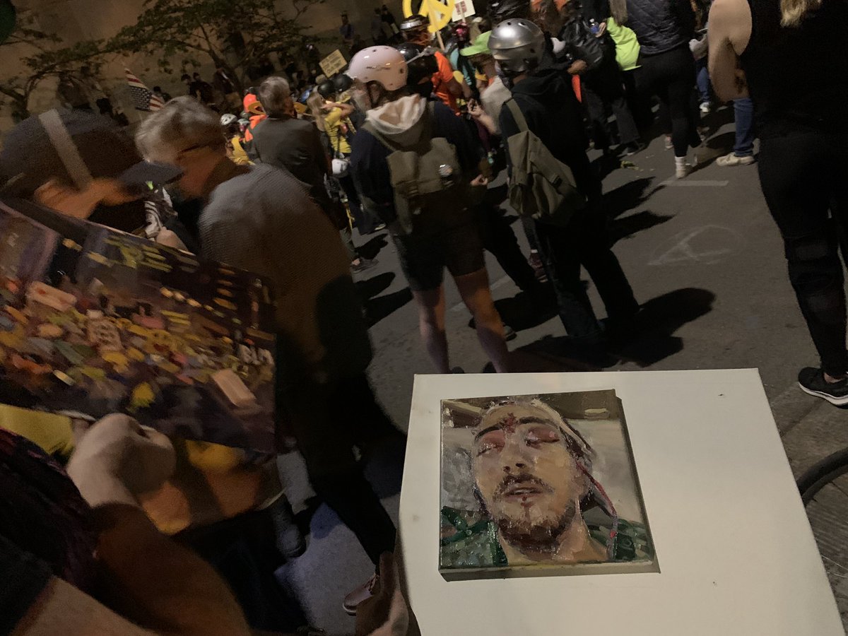 An artist portrays Donovan labella, the protestor hit by impact munitions to the head