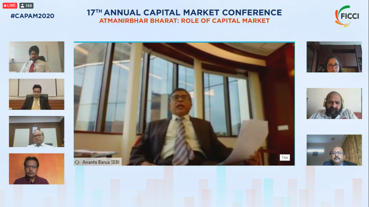 ficci_india's tweet photo. Mr Ananta Barua, Whole Time Member, @SEBI_India talks about the robust debt market with a special focus on the corporate bond market, during his address at #CAPAM2020 organized by @ficci_india. https://t.co/m6sQaOOdrc