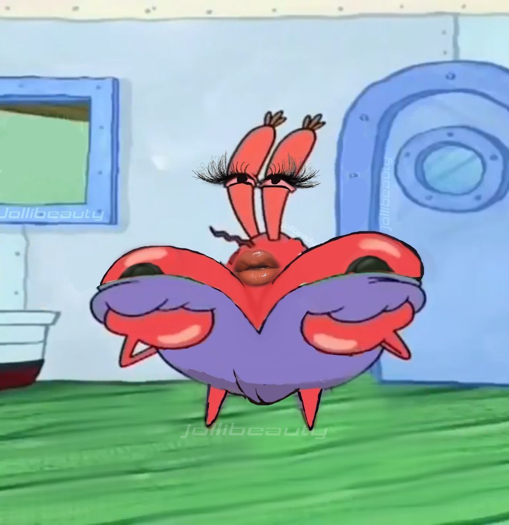 mr krabs red eyes lips and lashes on holding up big titties spongebob.