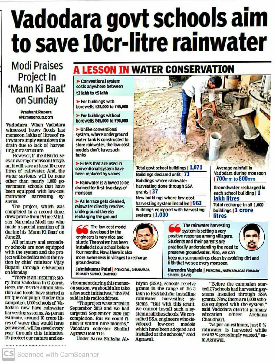 IASassociation's tweet photo. District Administration Vadodara, Gujarat led by Ms Shalini Agrawal, #IAS @CollectorVad has ensured installation of rainwater harvesting structures in every government school within available resources by local innovation; aiming to save 10cr litre rainwater. Kudos!!! https://t.co/g3gdy9N4JX