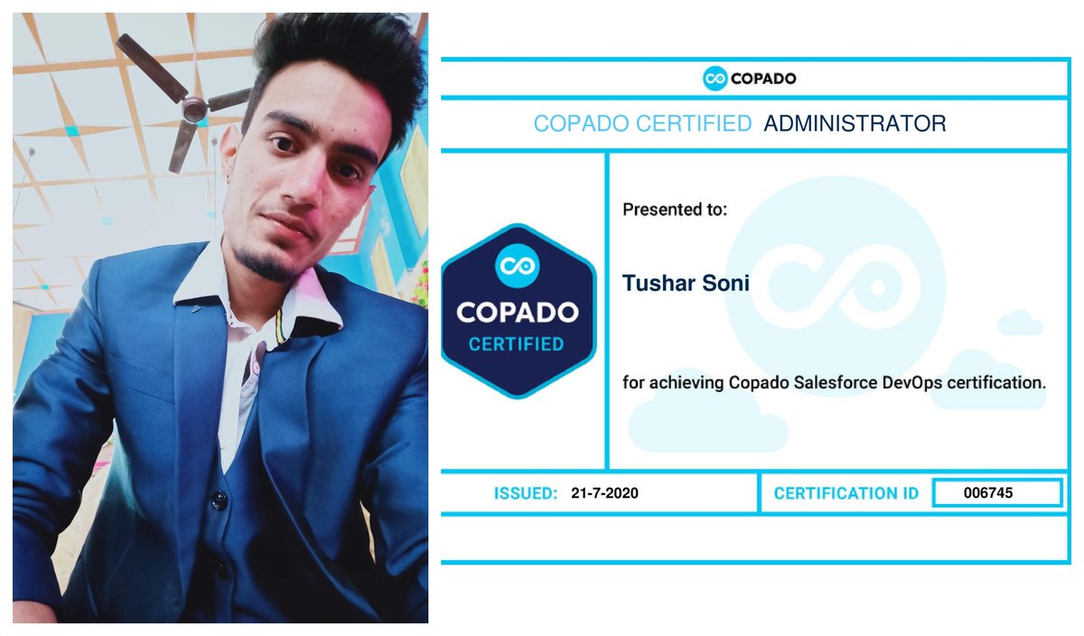 We congratulate Tushar Soni on being a Copado Certified Administrator. He is a @salesforce Certified Administrator and @salesforce Certified Platform App Builder. 

#Salesforce #Copado #copadocertified #salesforcedevops #salesforceohana #Salesforceinjaipur #BodaciousITHub