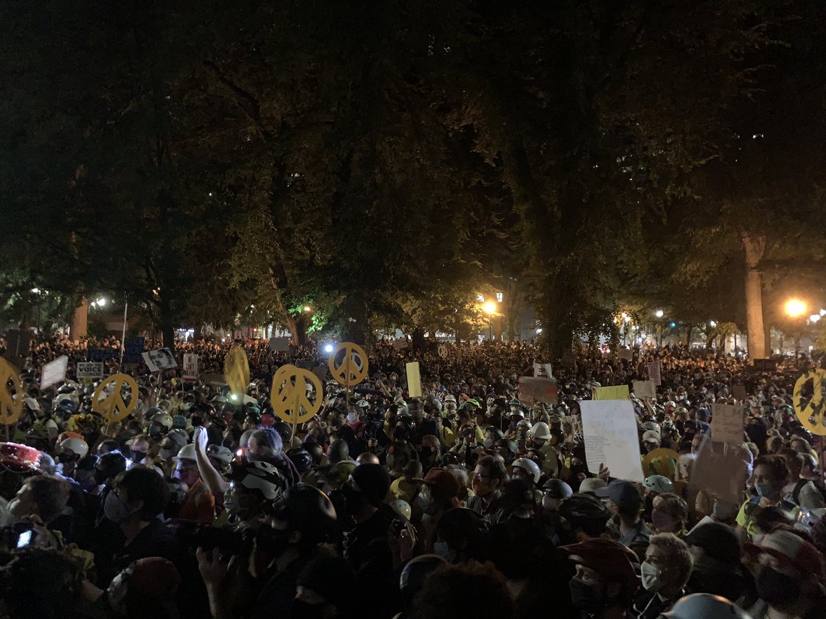 More photos of the huge crowds. Most wearing yellow or black. Many holding peace signs or signs. Many wearing helmets.