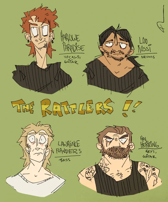 ROCK BAND OCS BABEY!!!!!! i came up with these guys last month and decided to flesh em out fully cuz @iimacodidae  inspired me with his oc band antics >:) harlowe is autistic and terrified of crowds and light sensitive so he wears a leather bdsm hood onstage LMAO 