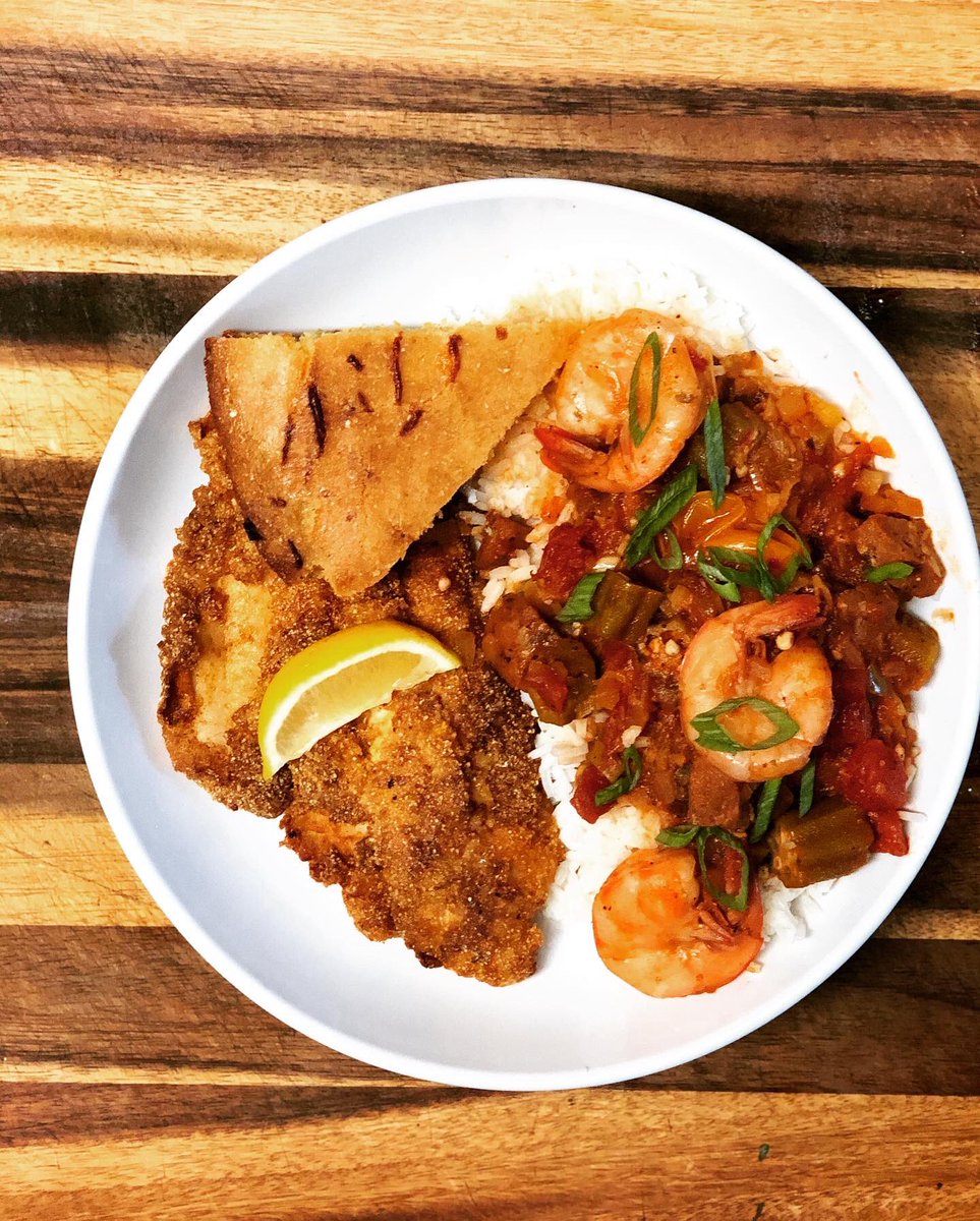 MrChefLobbyist's tweet image. Wednesday Evening Dinner: Stewed Okra, Heirloom Tomatoes, Shrimp and Andouille Sausages with Louisiana Popcorn Rice, Fried Catfish and Cheddar n Honey Skillet Cornbread #cheflobbyist