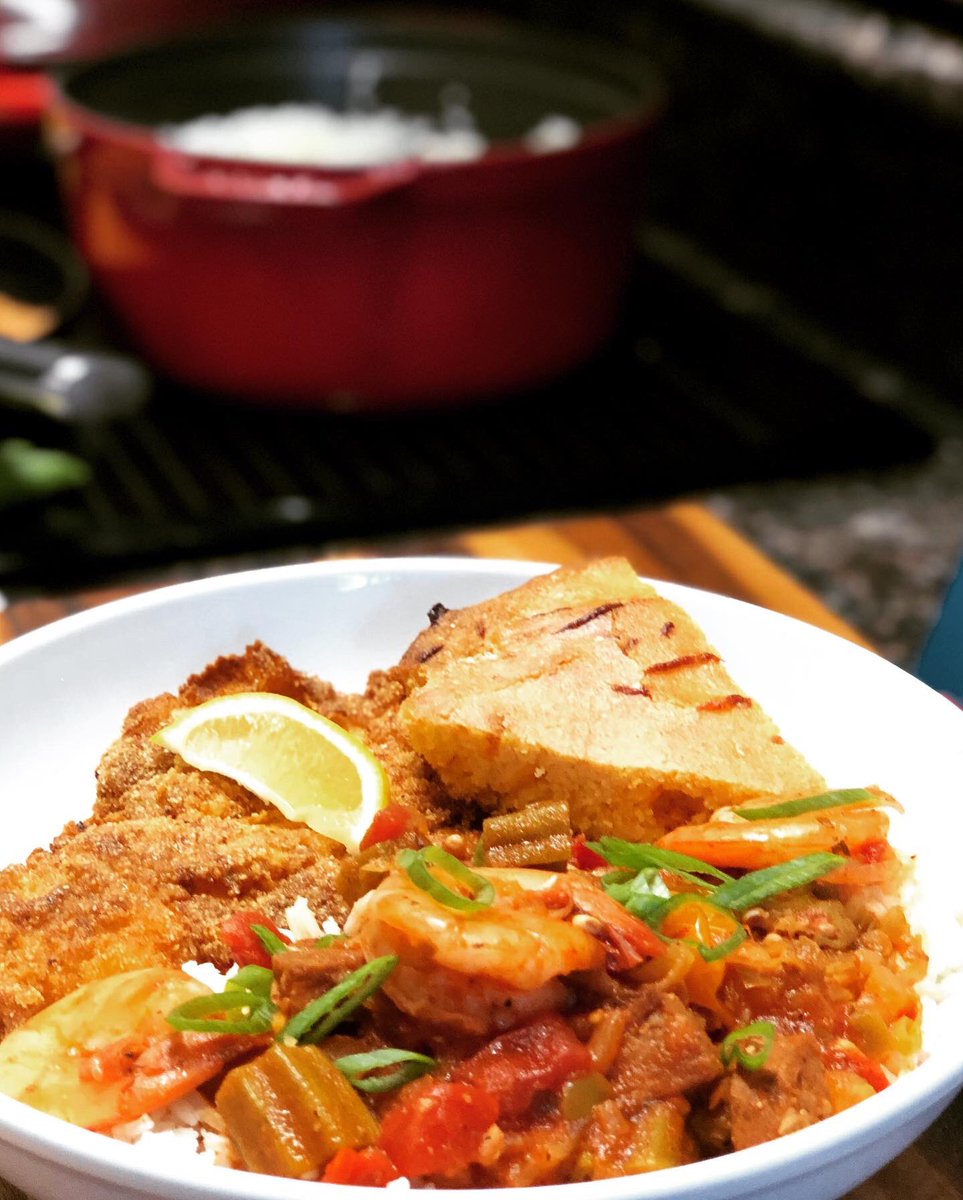 MrChefLobbyist's tweet image. Wednesday Evening Dinner: Stewed Okra, Heirloom Tomatoes, Shrimp and Andouille Sausages with Louisiana Popcorn Rice, Fried Catfish and Cheddar n Honey Skillet Cornbread #cheflobbyist
