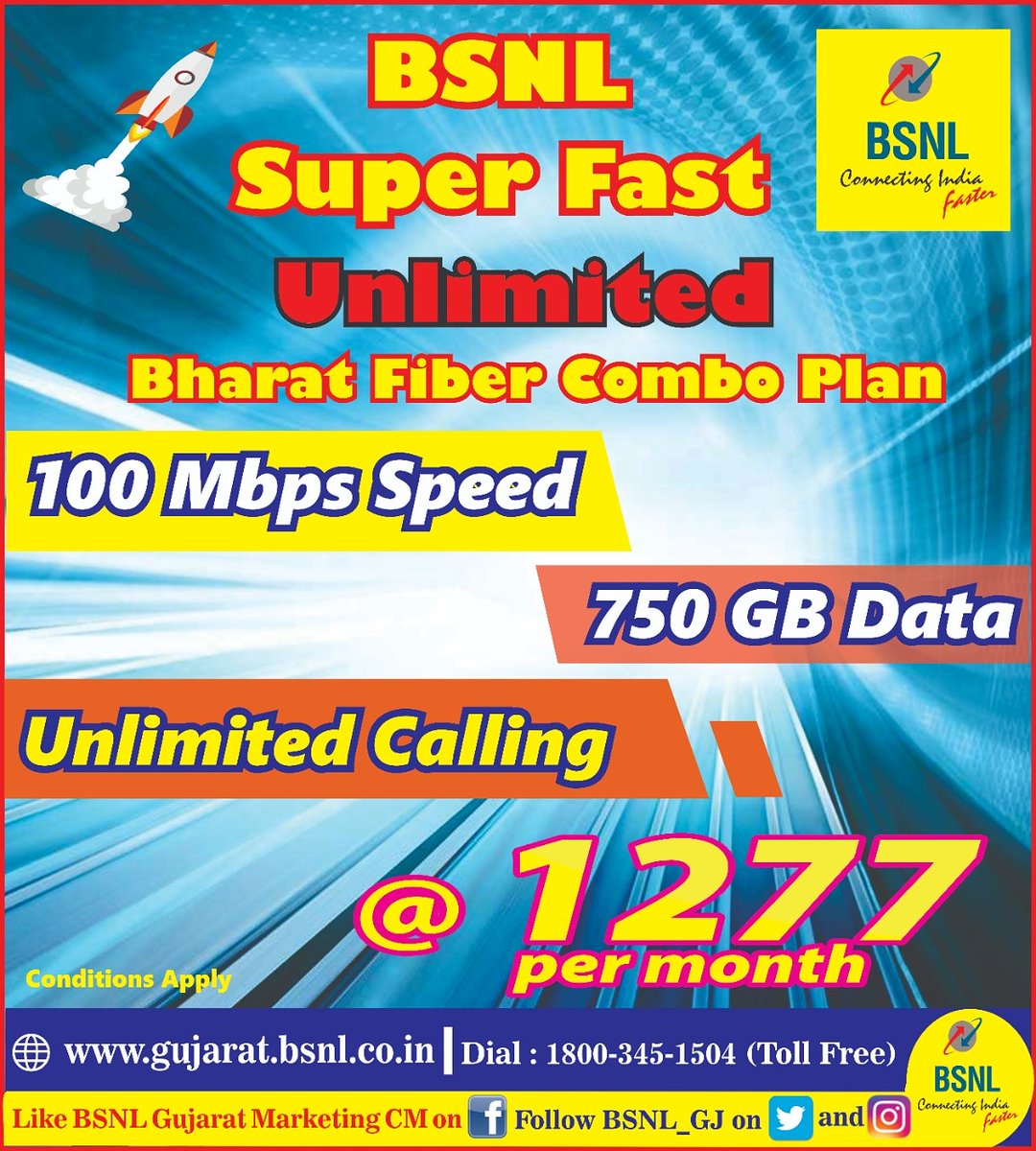 BSNL_GJ's tweet photo. #BSNL Bharat Fiber Unlimited Broadband Combo plan - with speed upto 100 MBPS till 750 GB Data 
@ Rs. 1277 per month. 
To change your plan, 
Dial - 1800 345 1504 
@BSNLCorporate @CMDBSNL @CGM_GUJ_BSNL @impksaha https://t.co/Ae7HT9fMwK