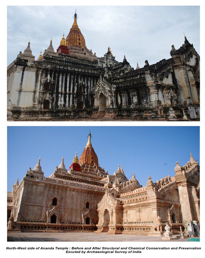 IndiainMyanmar's tweet photo. 🇮🇳India Myanmar🇲🇲

🔸 Pictures before &amp; after the restoration work of the famous Ananda Temple carried out by @ASIGoI. 
🔸 The beautiful site is a must visit. It is located in the ancient city of Bagan, which is Myanmar��s contribution to the list of @UNESCO World Heritage Sites. https://t.co/v93uRE0yPW