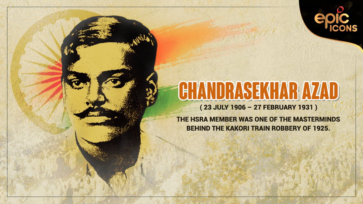 OfficalEPICTV's tweet photo. #EPICIcon #ChandrasekharAzad earned the moniker, Quick Silver, for his agility &amp; passion. Besides Kakori Conspiracy, he also participated in the attack on J. P. Saunders to avenge Lala Lajpat Rai’s killing. He took his own life to avoid being caught alive by the British forces. https://t.co/jyL3usL3CH