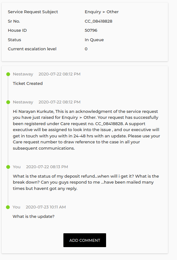 kurkutenarayan's tweet photo. 1/6 @NestAwayCare @CPBlr @IPSHemant @BlrCityPolice
Hi, we are facing issue with #nestway to get our deposit back in #covid situation, tried contacting the email, tickets but they are not replying at all, i need to get 80K back. We are helpless, plz help us to get our money back. https://t.co/QOUQ3gTvpN