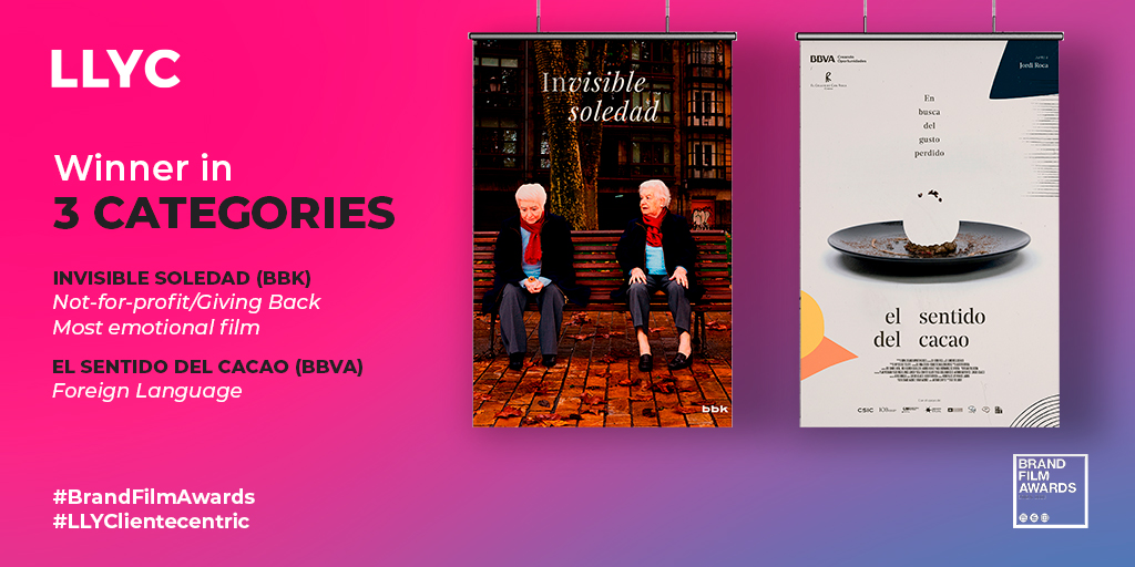 LLYC_Global's tweet photo. So excited with our 3 awards in the @BrandFilmAwards with #InvisibleSoledad for @BBK_eus and #ElSentidoDelCacao for @bbva. Thanks for your trust! 🏆 #BrandFilmAwards #LLYCustomerCentric https://t.co/S4xqlBJUXD https://t.co/EKY0TsFR37