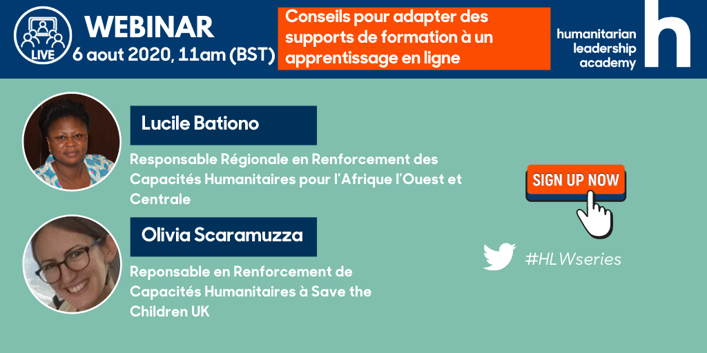 AcademyHum's tweet photo. Ce #webinaire s'adresse à vous si vous adaptez rapidement des supports de formation issus d'ateliers ou de réunions pour les dispenser dans des environnements virtuels.
Cliquez sur le lien Zoom pour vous inscrire au webinaire: https://t.co/DrFgq2zmhA
#lelearning #humanitarian https://t.co/TywOgQPlDn