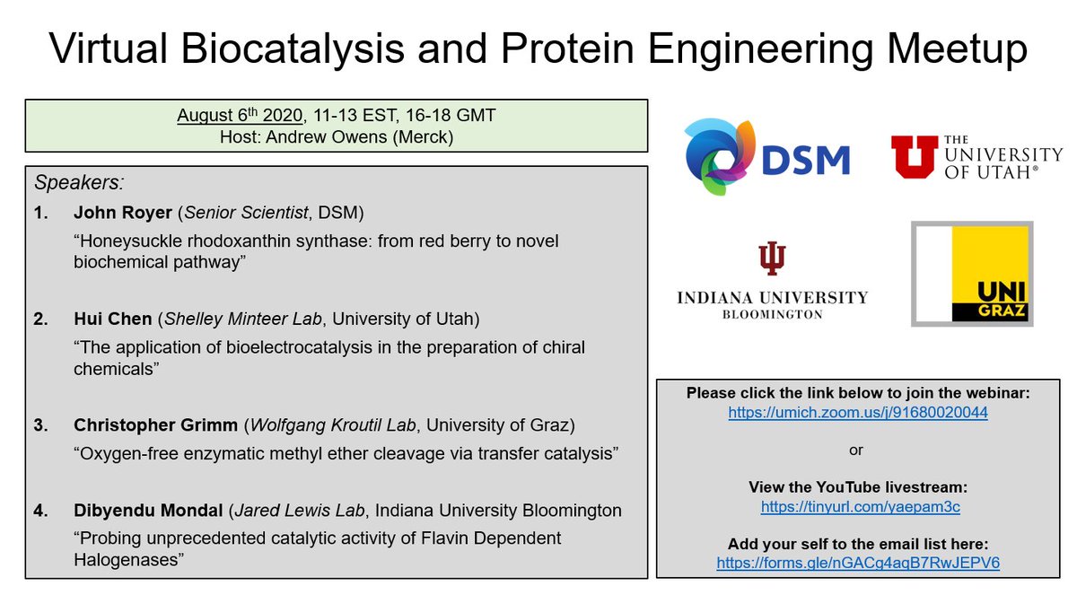 Next #biocatalysis and #proteinengineering meetup will take place in August 6th (Thursday, 11am EST). Mark  the date in your calendars to hear the latest science from @JCLewisLab @MinteerLab @elk_crew and DSM.