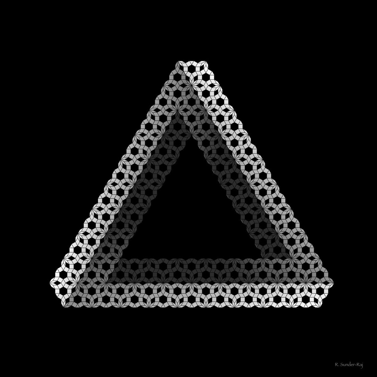 HypercubicPeg's tweet photo. @_Kcnarf The comment from @_Kcnarf has inspired me to make a patterned Penrose Triangle....thank you.
#mathart #impossibleFigures #opticalIllusions #PenroseTriangle #GeometricJuly #tilings #rhombus https://t.co/mI4HEUTNbq