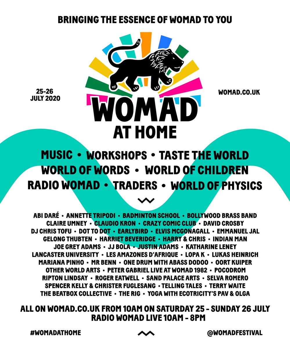 WOMAD at Home is THIS weekend! Feast your eyes on our latest lineup poster, which includes some exciting new additions. Everything will be available, all weekend at womad.co.uk from 10am on Saturday 25th July. As you would at the festival, take your time to explore!