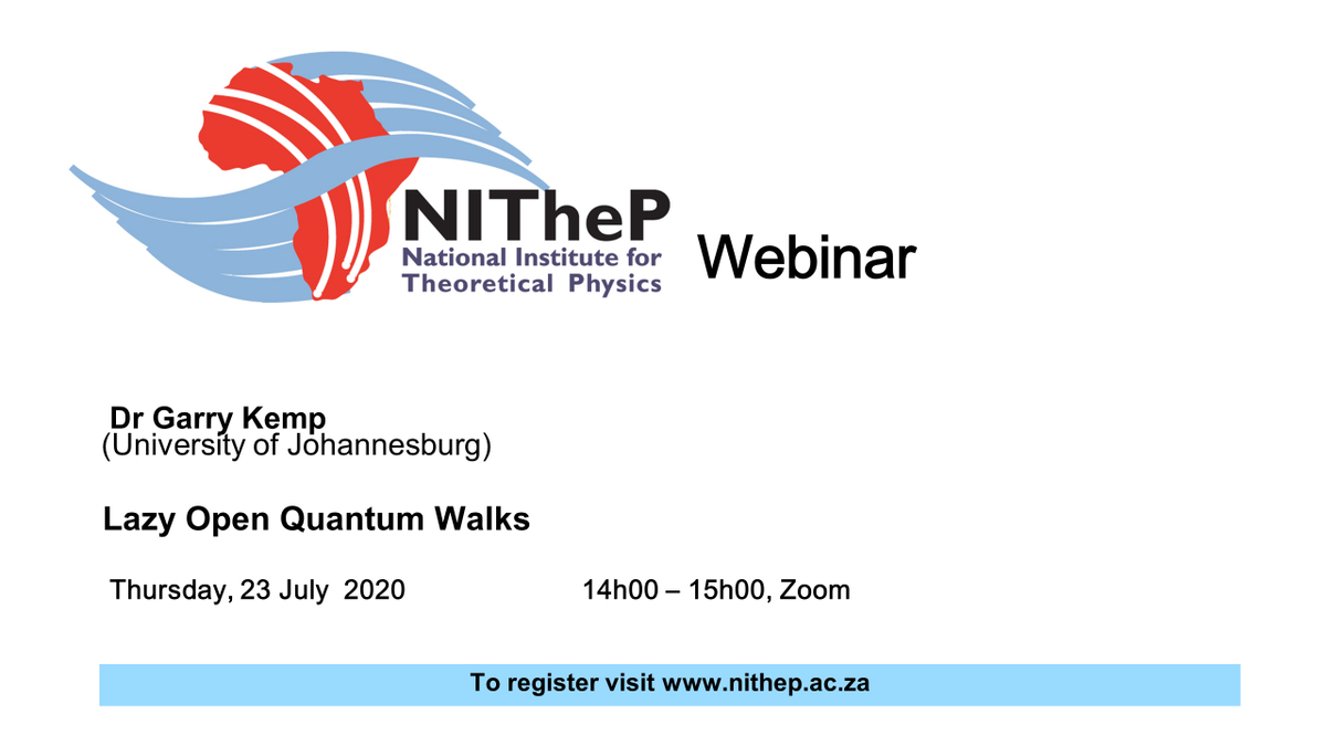 petruccione's tweet image. Join us for the @NIThePSA webinar by Garreth Kemp on Lazy Open Quantum Walks this afternoon at 2pm. nithep.ac.za #QuantumPhysics #QuantumWalks #openquantumsystems