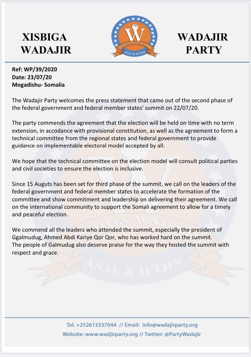 The Wadajir Party commends the agreement that the election will be held on time with no term extension, in accodance with provisional constitution, as well as the agreement to form a technical committeeto provide guidance on implementable electoral model accepted by all.