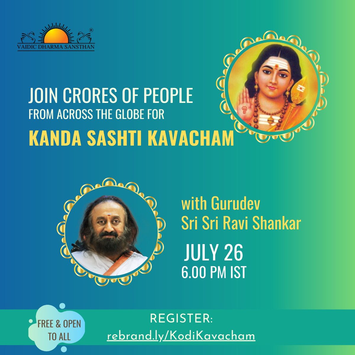 ArtofLivingTN's tweet photo. உலகத் தமிழர்கள் இணையும் #கந்தசஷ்டிகவசம் மஹா பாராயணம் , @ArtofLiving அமைப்பின் குருதேவ் @SriSri அவர்களுடன் @ColorsTvTamil தொலைகாட்சியில் ஒளிபரப்பு. 
#Kandasashtikavacham #Arohara #VetrivelVeeravel #MuruganRahasiyam https://t.co/Q312CkUalZ