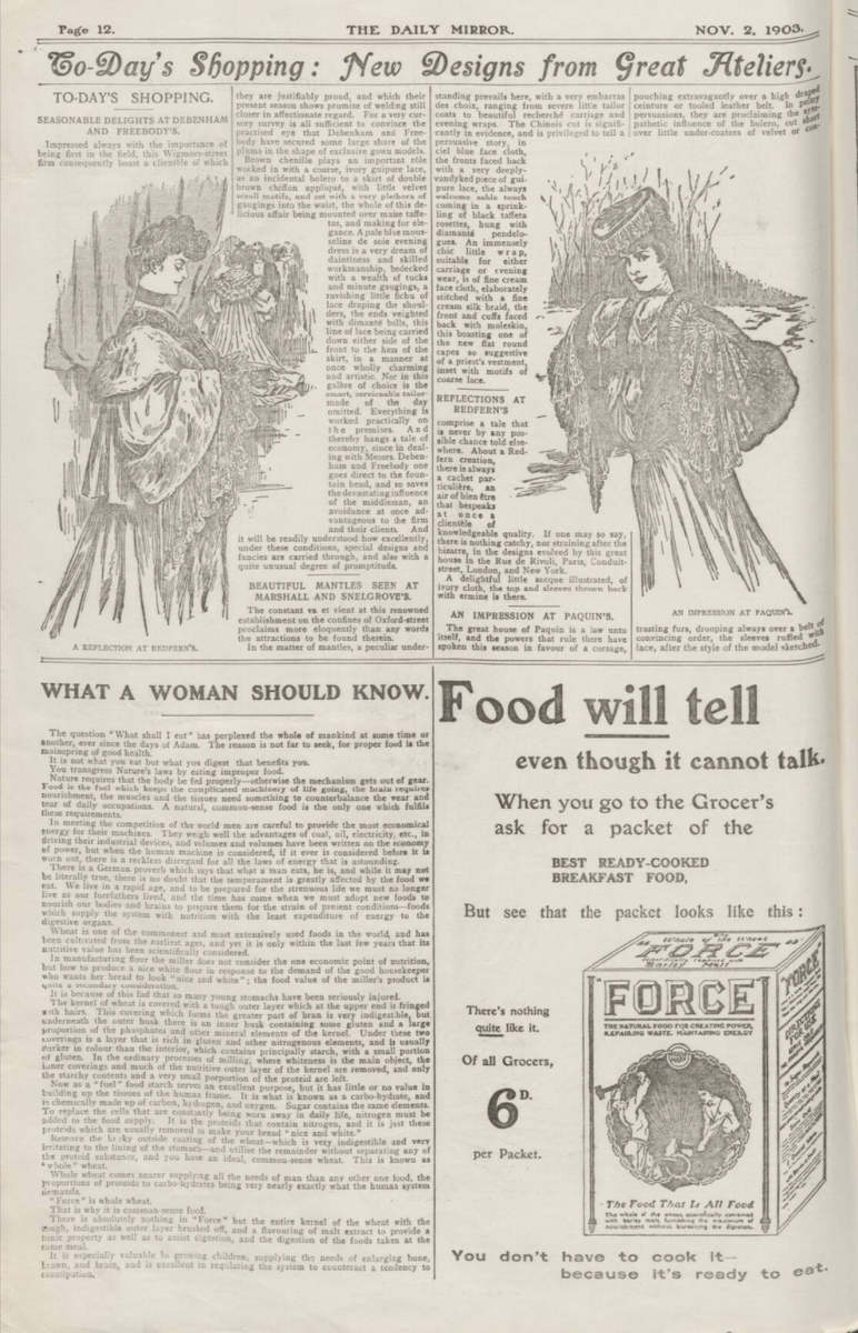 The newly launched Daily Mirror featured some standard news pages (politics, foreign, economic, etc), but also devoted lots of space to stereotypically feminine interests: weddings, fashion, shopping, beauty, and cooking. /6