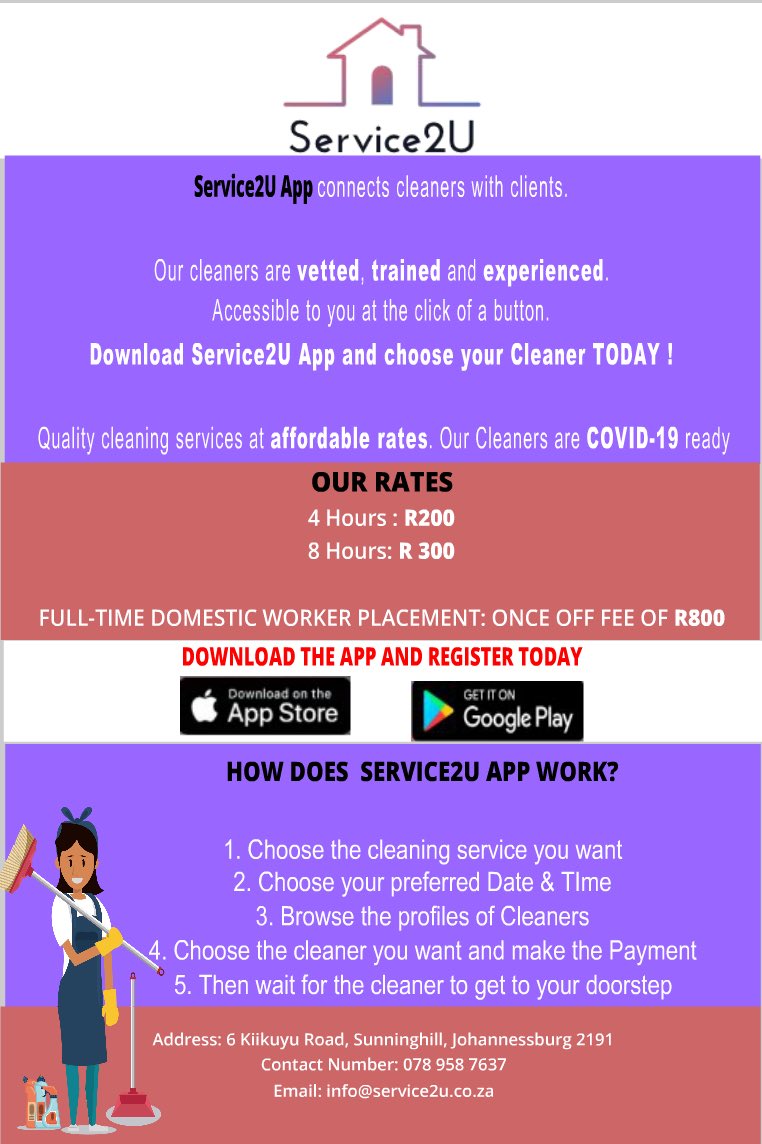 Service2uA's tweet photo. Our CLEANERS are ready for you, they need a JOB from you. Please DOWNLOAD the SERVICE2U App to book them. At only R300 you can get a CLEANER for 8hrs or R200 for 4hrs. Other services on the App coming soon! Info@service2u.co.za https://t.co/714tmH6xT7