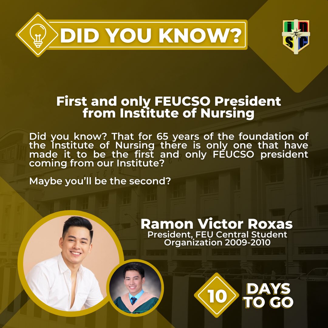 OfficialNurSoc's tweet photo. Kumusta FEUture nurse? Alam mo ba, na sa loob ng 65 taon sa pagkakakatatag ng Institute of Nursing, ay isa pa lamang ang nagiging FEUCSO President na nanggaling sa ating institusyon? 

Tama ka diyan! At siya ay si Ramon Victor Roxas ang former FEUCSO President ng taong 2009-2010. https://t.co/ALNFH9pZe0