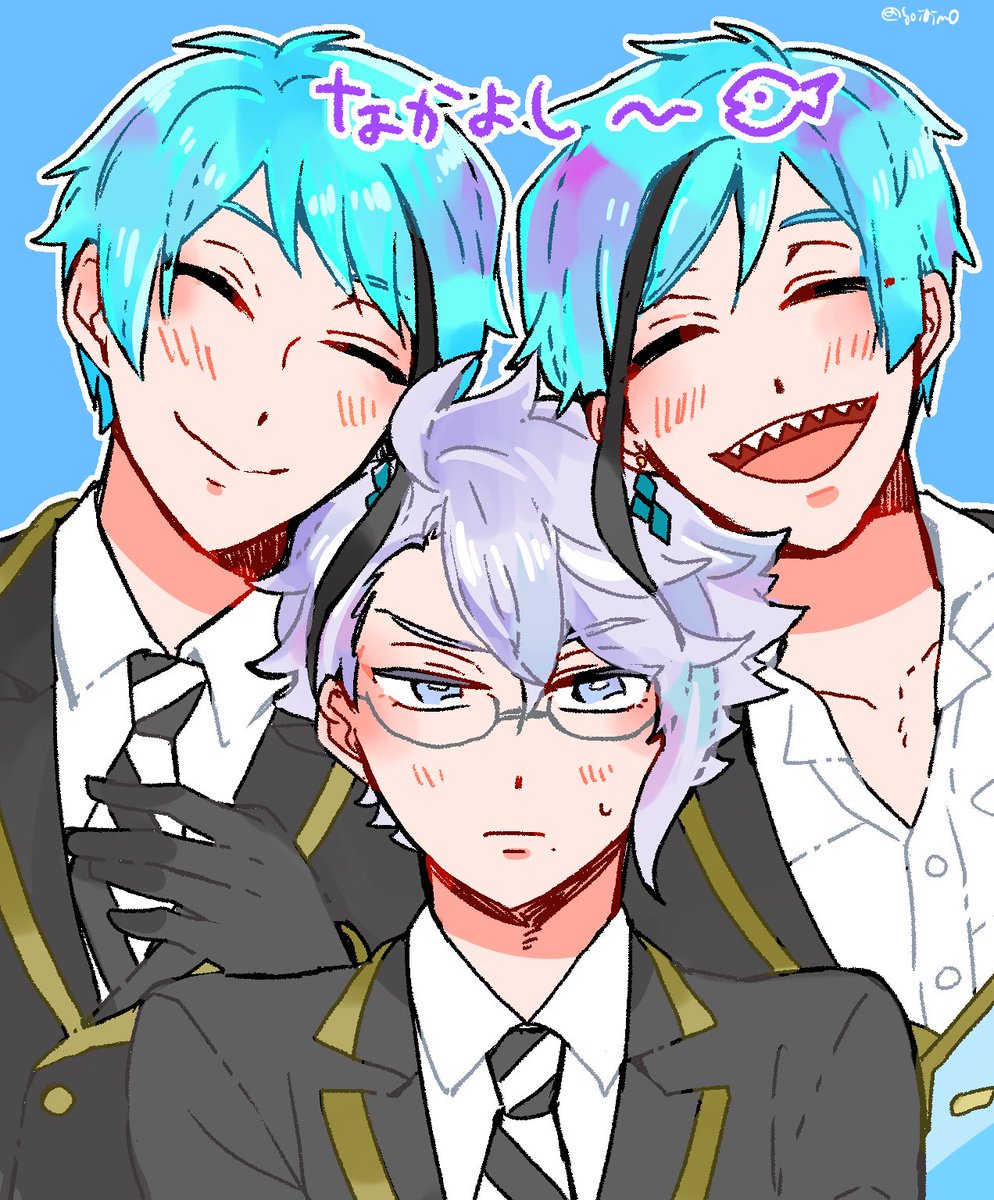 3boys male focus multiple boys streaked hair sharp teeth glasses teeth  illustration images