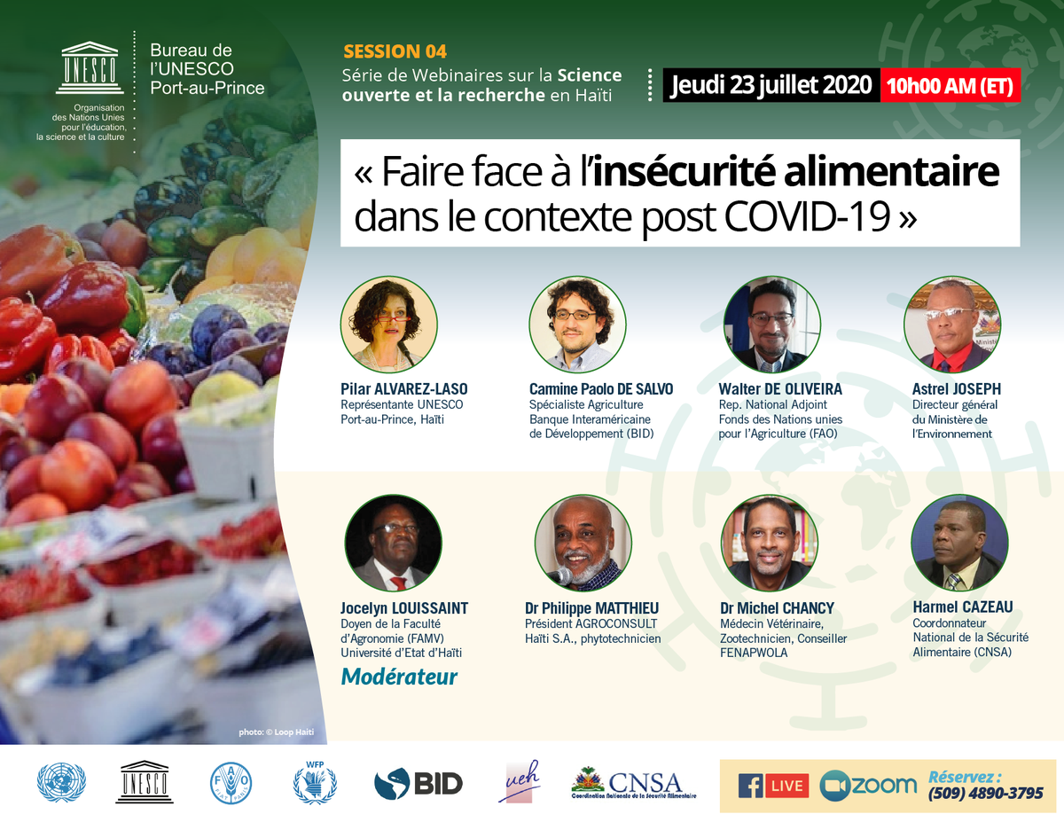 unesco_haiti's tweet photo. 🗓Revenons sur la date du 23 juillet 2020! 

Comment faire face à l'insécurité alimentaire en Haïti dans le contexte de l'après COVID-19 ? C'est le sujet que les intervenants de cette 4e session se proposent d'aborder.

Rejoignez-nous pour un débat riche et constructif!  🧀🍇🥑🍃 https://t.co/j4OE2UuzNU