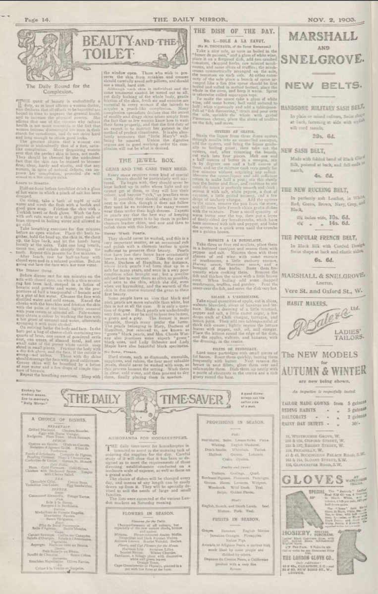 The newly launched Daily Mirror featured some standard news pages (politics, foreign, economic, etc), but also devoted lots of space to stereotypically feminine interests: weddings, fashion, shopping, beauty, and cooking. /6