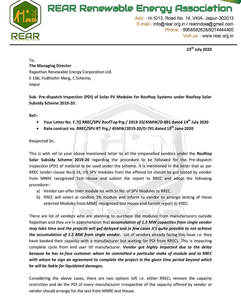 rearindiaa's tweet photo. REAR writes to RRECL to seek clarification on Pre-dispatch Inspection (PDI) of Solar PV Modules for Rooftop Systems under Rooftop Solar Subsidy Scheme 2019-20. #rear #rearassociation, #solar #rrecl, #pdi #dcrmodules https://t.co/sYmcI9yzCo