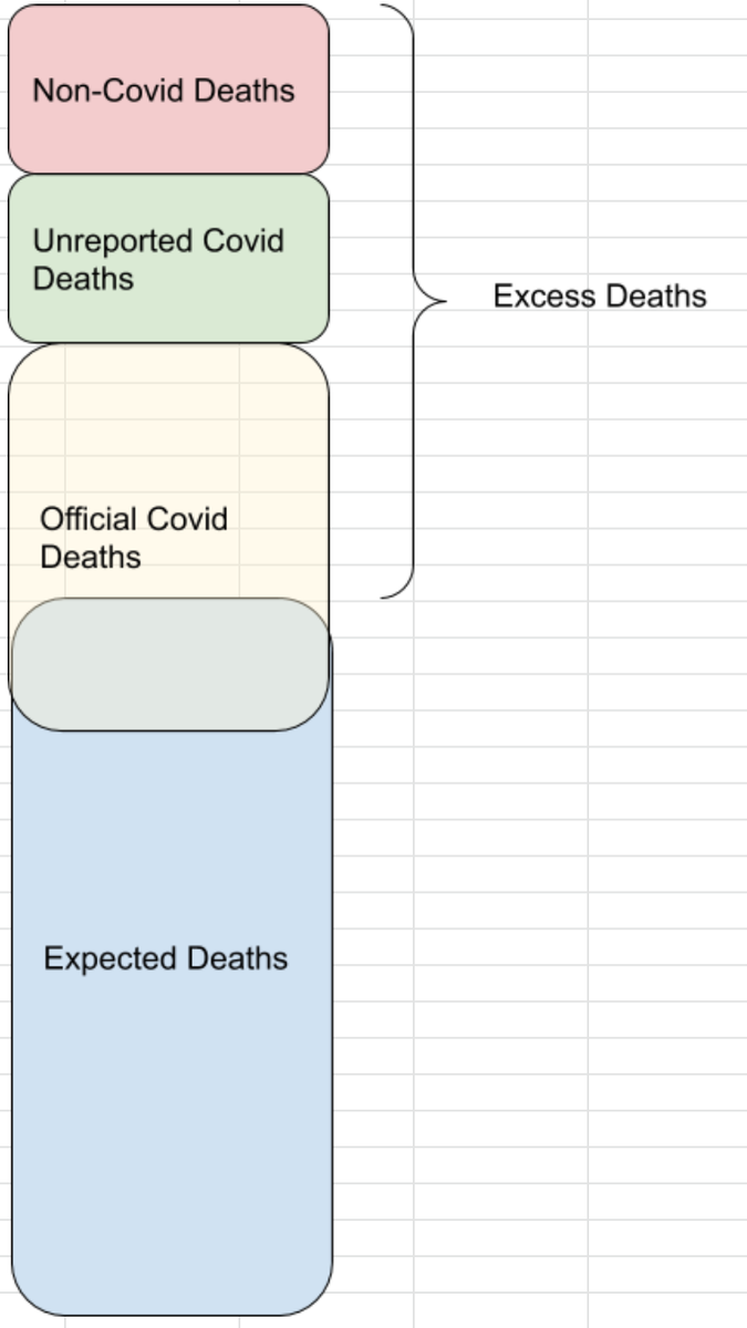 Before unpacking, I think everyone agrees that inside the excess deaths will look something like the image below (this is NOT proportional, just illustrative).Let me unpack it. I define "Official COVID Deaths" as those that are reported.