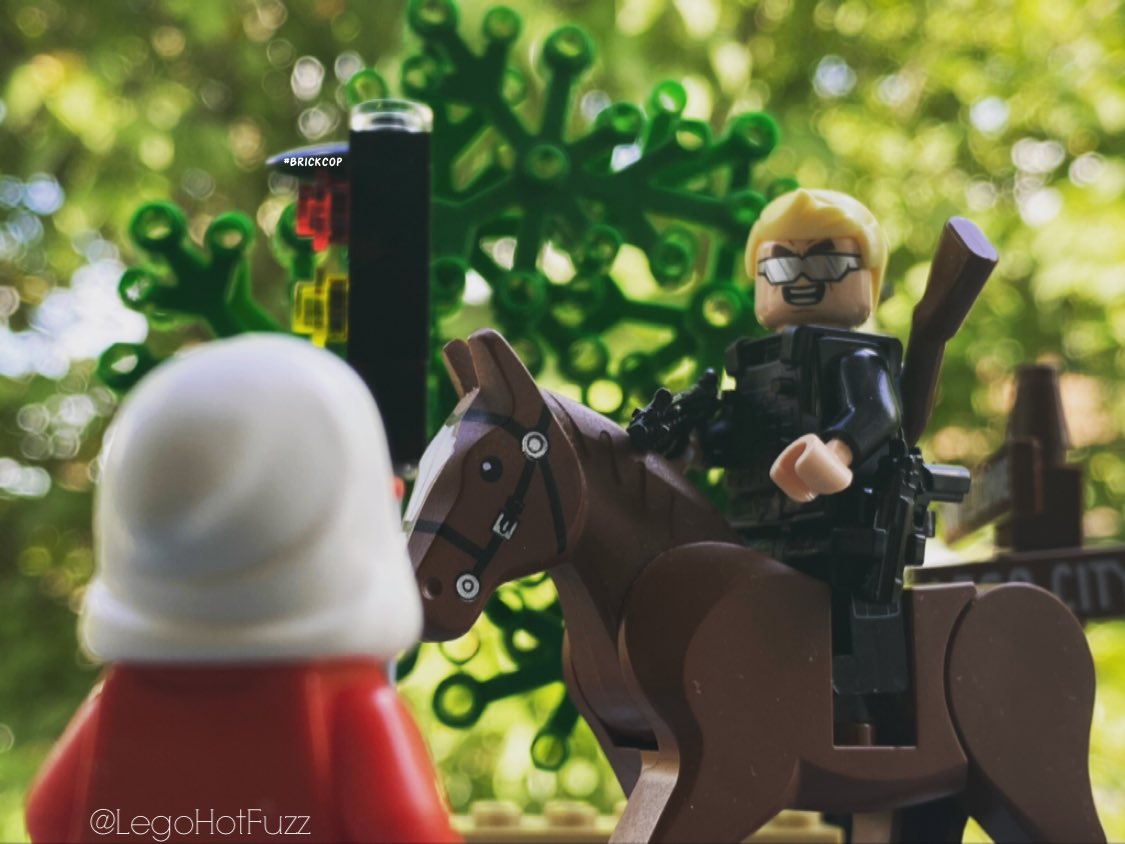 Brick_Cop's tweet photo. “Annette, that Sergeant Angel’s back. Check out his horse.” 👀🐎 

@LegoHot #hotfuzz #justforfun #ThinBlueLine #ThrowbackThursday https://t.co/yEySIvLpPw