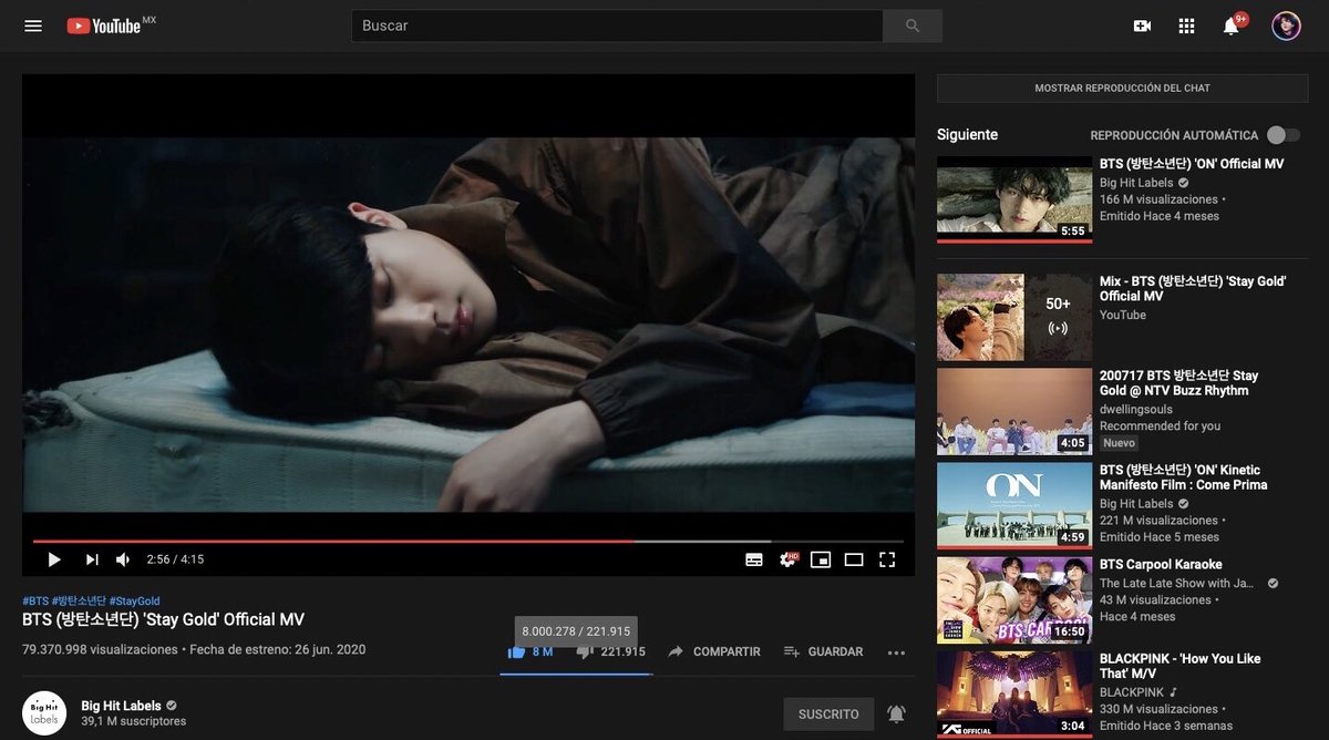 WOAS_chart's tweet photo. #BTS 'Stay Gold' Official MV has reached 8M likes on Youtube🎊 

Becoming  @BTS_twt the first act in YouTube history to have 9 music videos with 8M likes 💜
#StayGoldMV ✨   
 
🔗https://t.co/mWWtkkKWuS https://t.co/Bqx9UZtBlT