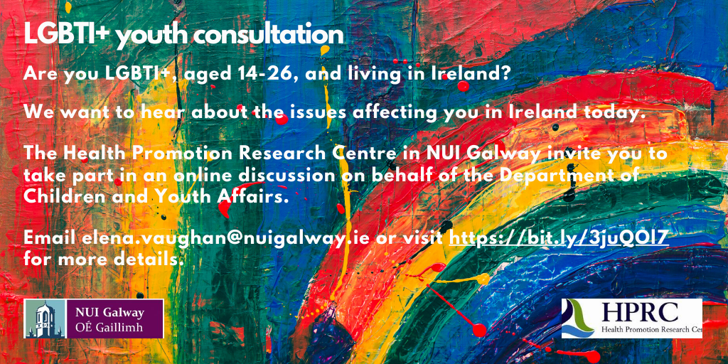Our team in @HPRC_NUIG are conducting an online discussion forum with LGBTI+ youth aged 14-26 as part of a piece of work exploring the gaps in research on LGBTI+ youth issues. Drop me an email for more information or visit our website: bit.ly/3juQOl7