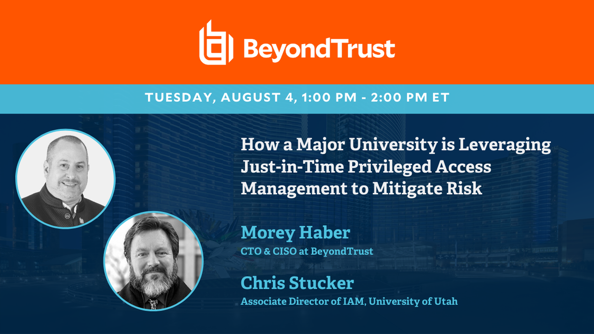 BeyondTrust's tweet photo. WEBINAR: Join BeyondTrust and Chris Stucker on August 4 to discuss how University of Utah developed a cybersecurity action plan + earn CPE credits!

Register: 
https://t.co/lk943S5g1J

#JITPAM #Cybersecurity #HigherEducation #ITSecurity https://t.co/fQvt0i9Kek