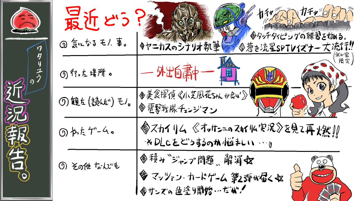 7月25日(土)の18時からは
『企画会議と言う名の…。7月号』をお楽しみ下さい。
こちらは、前々回『4月5月合併号』での
私の近況報告です。
あしながすぎおじさんの分が気になる方は
アーカイブ動画を探してみて下さい(^O^)/
では、明後日の夕方にお会い致しましょう♪ 