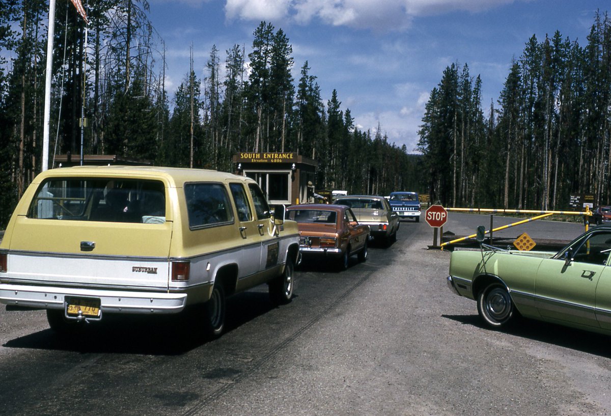 South Entrance, 1974, by Harlan Kredit. The South Entrance was first established in the 1890s, but it took many years for a decent road to be built and for tourists to use this approach to the Park. 
#OldYellowstone