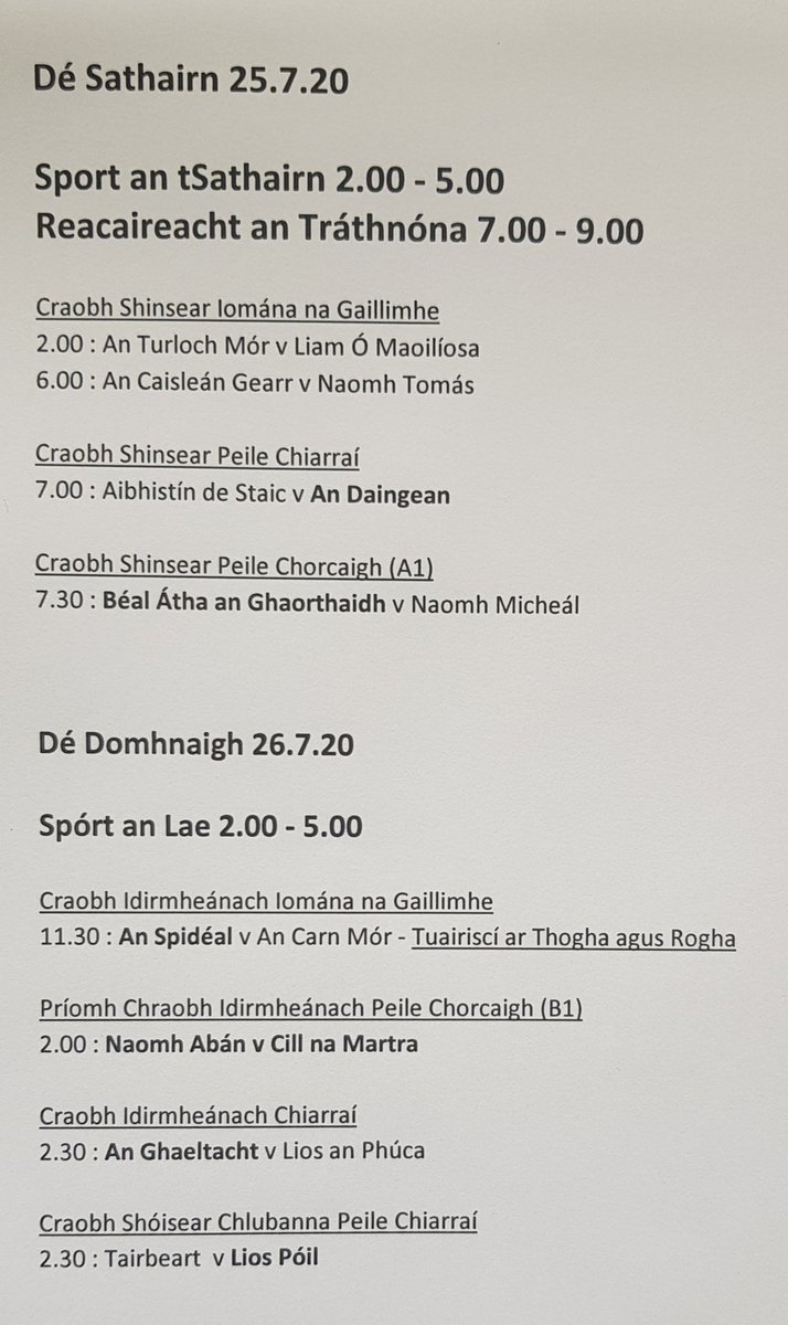 SportRnaG's tweet photo. Beidh tuairiscí &amp; tráchtaireacht againn ar chluichí craoibhe @gaa ó @Kerry_Official, @OfficialCorkGAA &amp; @Galway_GAA ar chláracha Spórt an deireadh seachtaine ar @RTERnaG. 

Beidh @cartyban ag láithriú Spórt an tSathairn ón 2-5 &amp; @ediennico Reacaireacht an Tráthnóna ón 7-9 https://t.co/zMp7d0YVaL