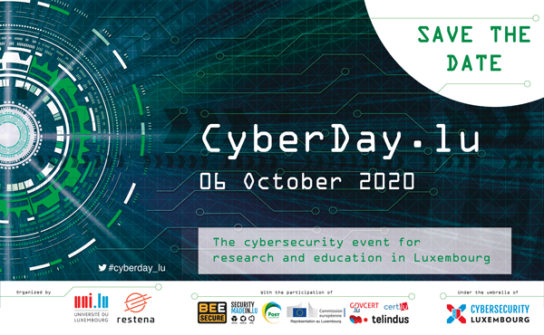 Fondation Restena (@restena) on Twitter photo #cyberday_lu – The #cybersecurity event for #research and #education in #Luxembourg by <a href="/restena/">Fondation Restena</a> and <a href="/uni_lu/">uni.lu</a> is back on 6 Oct. 2020 as part of <a href="/CyberSecMonth/">Cyber Security Month</a> and @CybersecLux. Programme + registration process available after summer break on cyberday.lu #cyberday_lu – The #cybersecurity event for #research and #education in #Luxembourg by <a href="/restena/">Fondation Restena</a> and <a href="/uni_lu/">uni.lu</a> is back on 6 Oct. 2020 as part of <a href="/CyberSecMonth/">Cyber Security Month</a> and @CybersecLux. Programme + registration process available after summer break on cyberday.lu