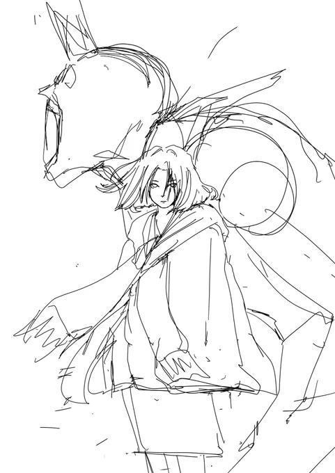 息抜きに描いてるファンアートのラフ。察しのいい人はすぐにわかるかも。 