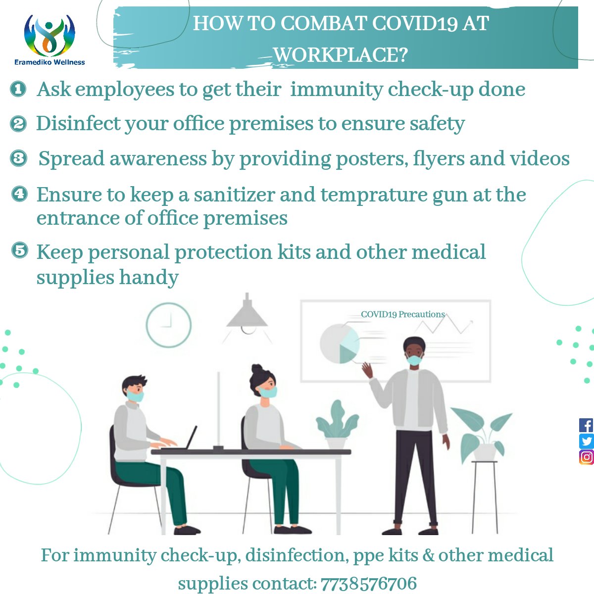 eramediko's tweet image. Combating #COVID19 at #workplace is now easy! 
Services like #Immunitycheck, #Covid_19 test, office #disinfection, #medical supplies, etc. provided by Eramediko Wellness allows you to be sure about both office and employees.
To know more about the services contact us @7738576706
