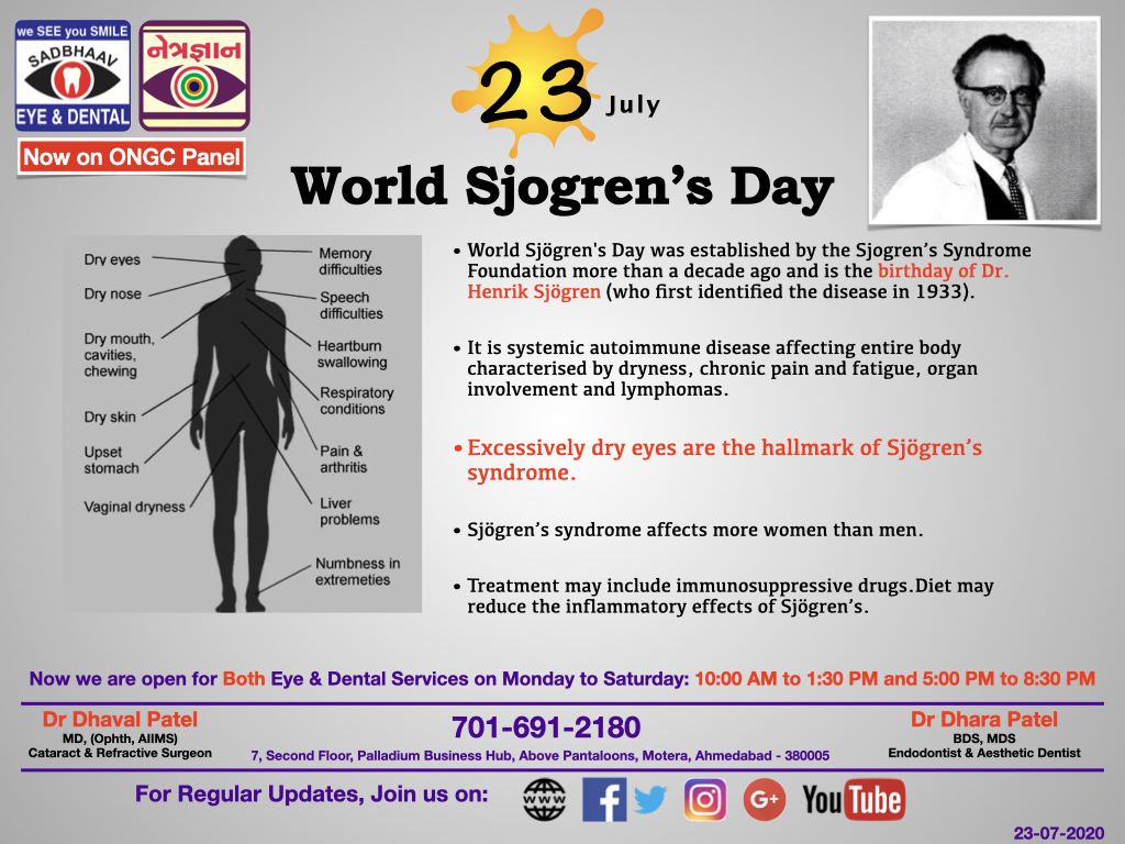 SadbhaavClinic's tweet photo. Today is World Sjogren's Day.. In Memory of Dr Henrik Sjogren who identified disease in 1933. One of the cause of Severe DRY EYES &amp; DRY MOUTH.#Sjogren #DryEye #drymouth #wsd https://t.co/pPIAAQMnBa
