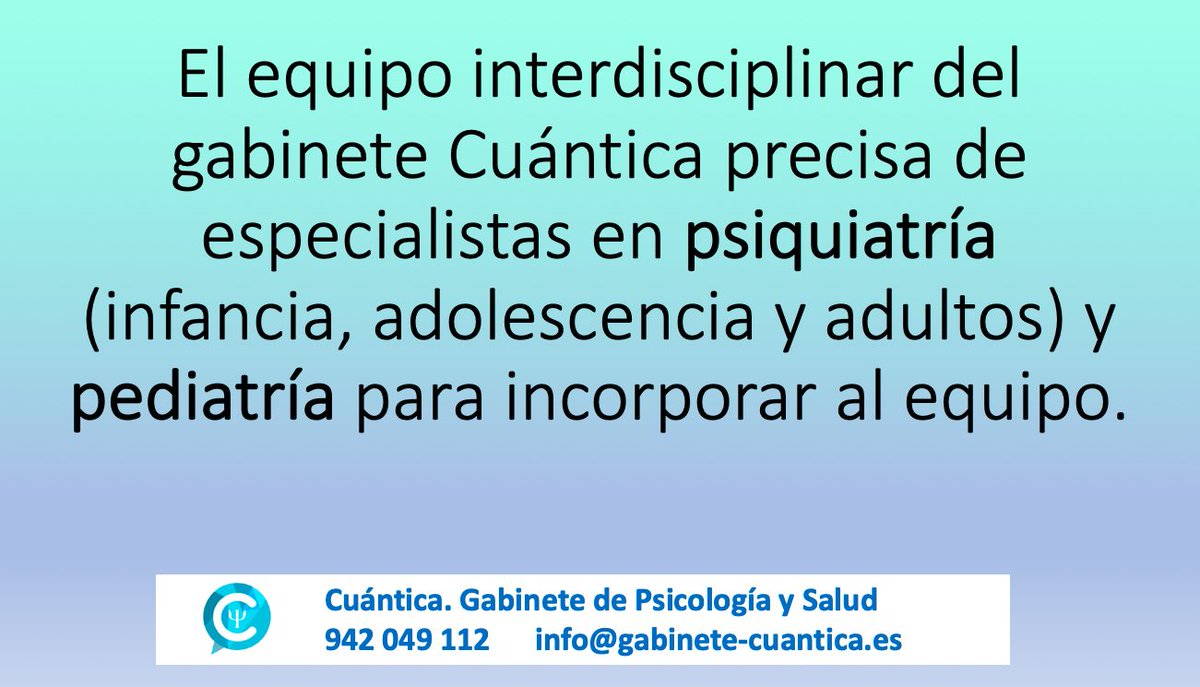 AliciaCuantica's tweet photo. Cuántica es un gabinete de Psicología y Salud, situado en Santander. Actualmente estamos ampliando nuestro equipo y precisamos especialistas en psiquiatría (niños, adolescentes y adultos) y pediatría . Contacto: 942049112 info@gabinete-cuantica.es.

#sebuscanprofesionales https://t.co/42TuylSWR1
