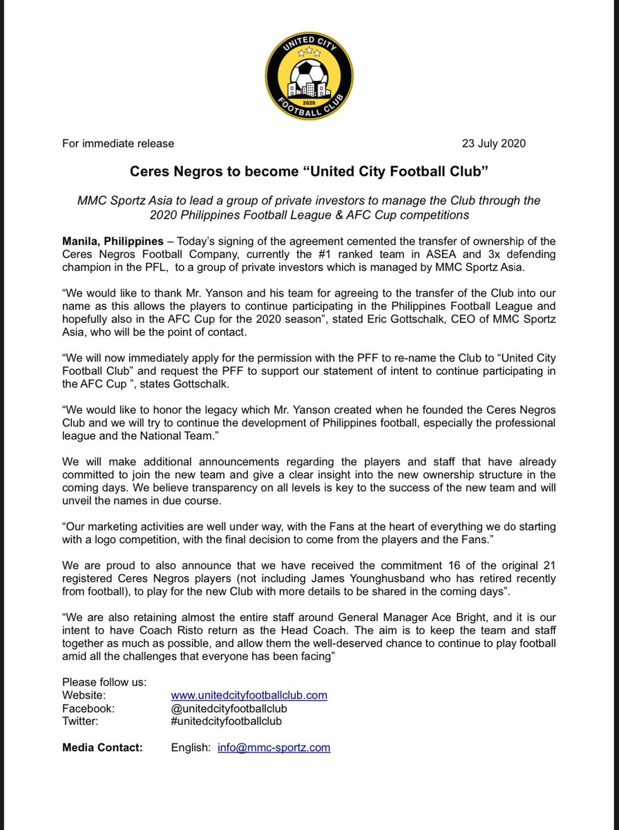 Ceres Negros will now be known as United City Football Club. The club also announced it has retained 16 of 21 players registered to Ceres Negros and intend to keep coach Risto Vidakovic.