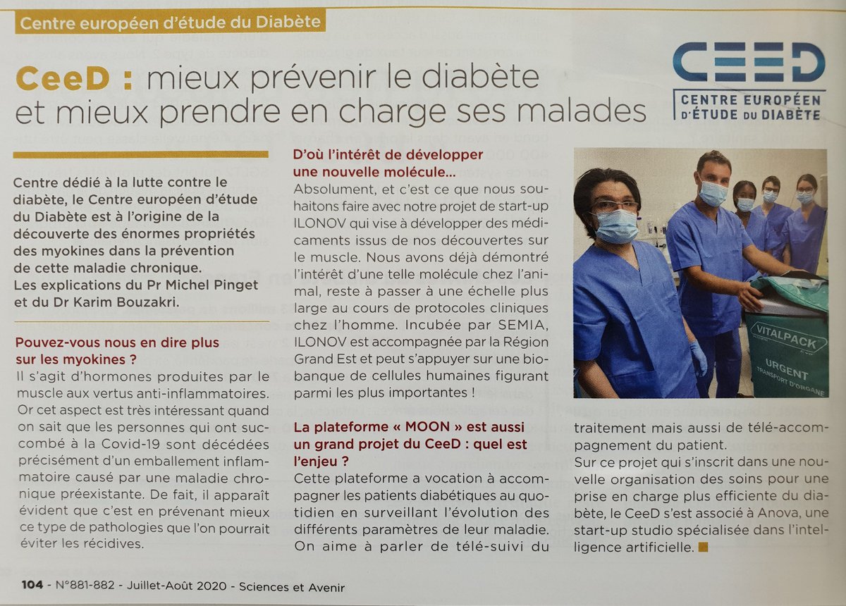 CeeD_Diabete's tweet photo. Le @CeeD_Diabete est présent dans le n° juillet-août 2020 de @Sciences_Avenir. Un dossier spécial est consacré au #diabète. Nous parlons notamment de nos #travaux sur le #muscle (avec la création de la start-up #ILONOV) et de #MOON.
#santé #esanté #télésuivi #prévention https://t.co/g1TgXGRN6M